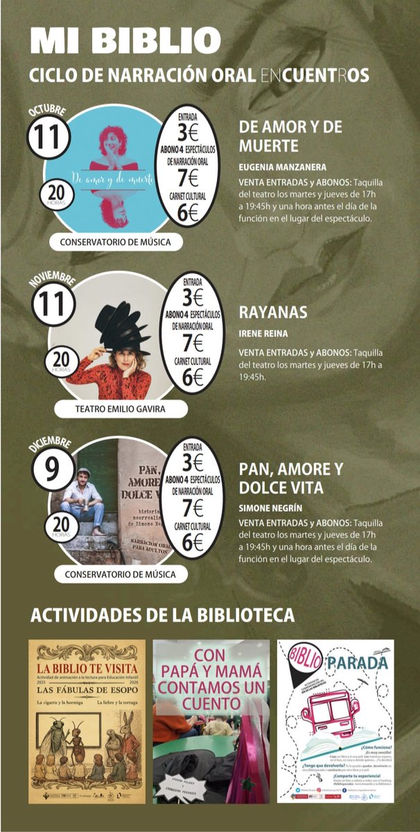 CULTURA_ALCAZAR's tweet photo. 📢🗓 Agenda Cultural de octubre a diciembre de 2025.
🎭Teatro, 🎶 conciertos, 🎤 narración oral, 📚 presentaciones de libros, 🎨 exposiciones 📸 y otras actividades 📍 Patronato Municipal de Cultura de Alcázar de San Juan #EsAlcázar #AlcázarDeSanJuan @alcazar_turismo https://t.co/wbToiudivW