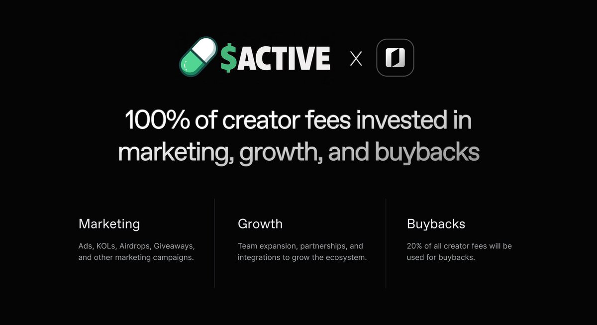 All creator fees from $ACTIVE go towards marketing, growth, and buybacks.

CA: 5wLmv6FE6BMqZ8kUSfT7EEb5hxbTjFUmiPamvikppump