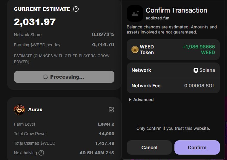 aurasinfinity's tweet photo. Seems like @addicteddotfun is having both front end and backend claim issues. My $WEED farming was at 8.2k yesterday and adjusted normally to 4.7k. Yet only have 2k in a span of ~24 hours. Says 2031 but can only claim 1986. Math is not mathing https://t.co/i5PyqWbwAn