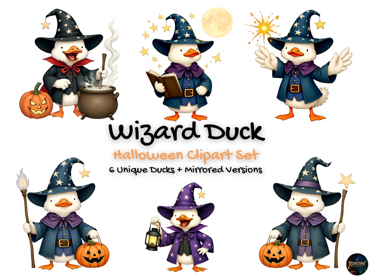 RunTime83's tweet photo. Witch way to the treats? 🧙‍♂️

🦆 My new Halloween Wizard Duck Clipart Set is live on Etsy for just $1! 

Get 6 adorable, high-res PNG designs for all your spooky crafting!

https://t.co/vnXxWXTvWJ

 #Halloween #Clipart #Etsy #DigitalArt #Crafts #WizardDuck #Spooky #Sale #EtsyFinds https://t.co/rP7QKzjOCc