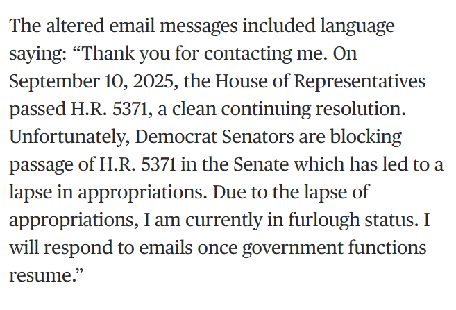 Furloughed Department of Education workers have discovered their email accounts manipulated to include partisan talking points blaming the government shutdown on Democrats, per <a href="/NBCNews/">NBC News</a>: