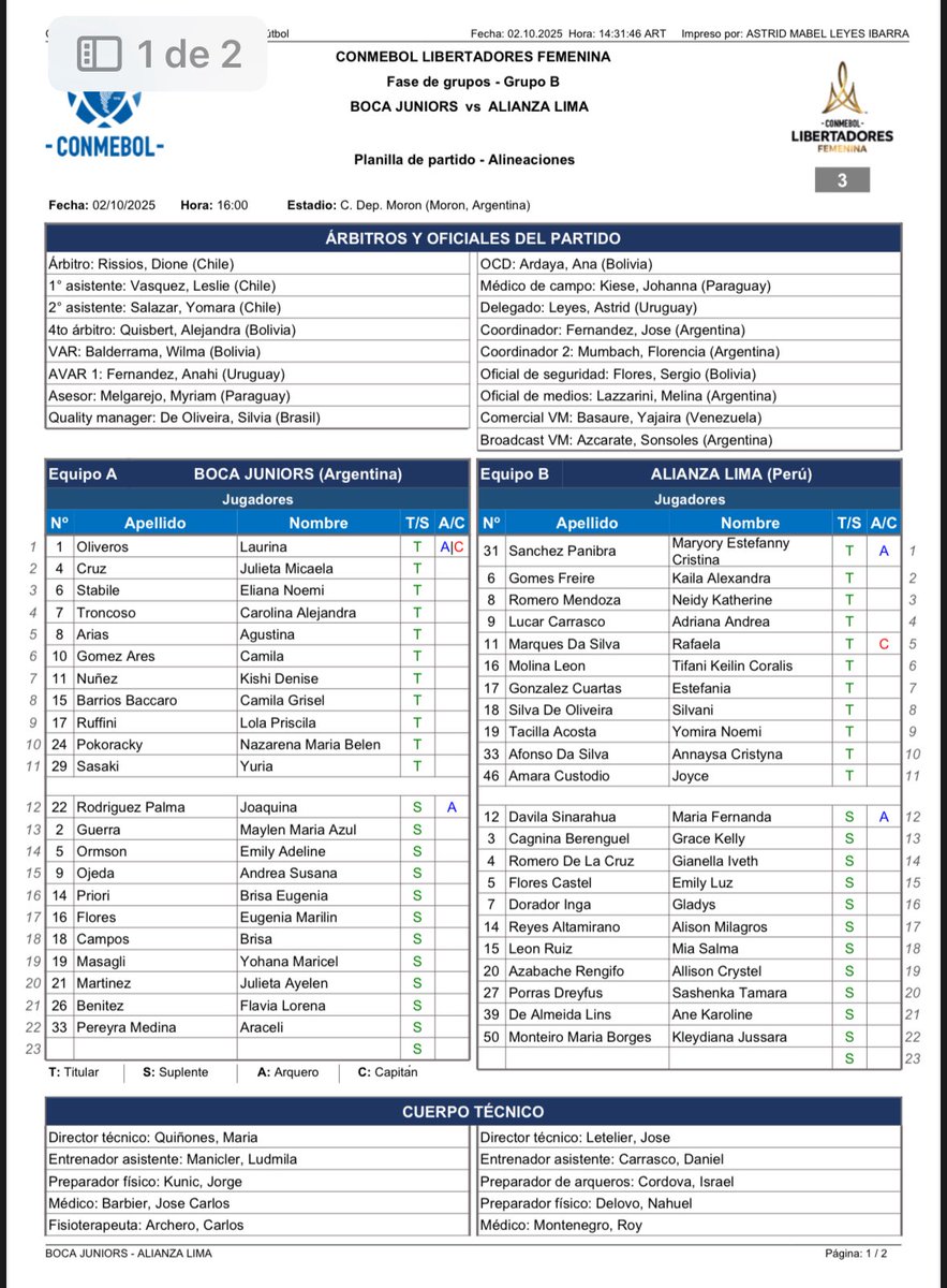 Hoy debuta Alianza Lima en la Copa Libertadores Femenina. Su primer duelo será frente a Boca Jrs. Aquí las alineaciones, con el cuadro blanquiazul que arranca con casi todas sus refuerzos 👇.