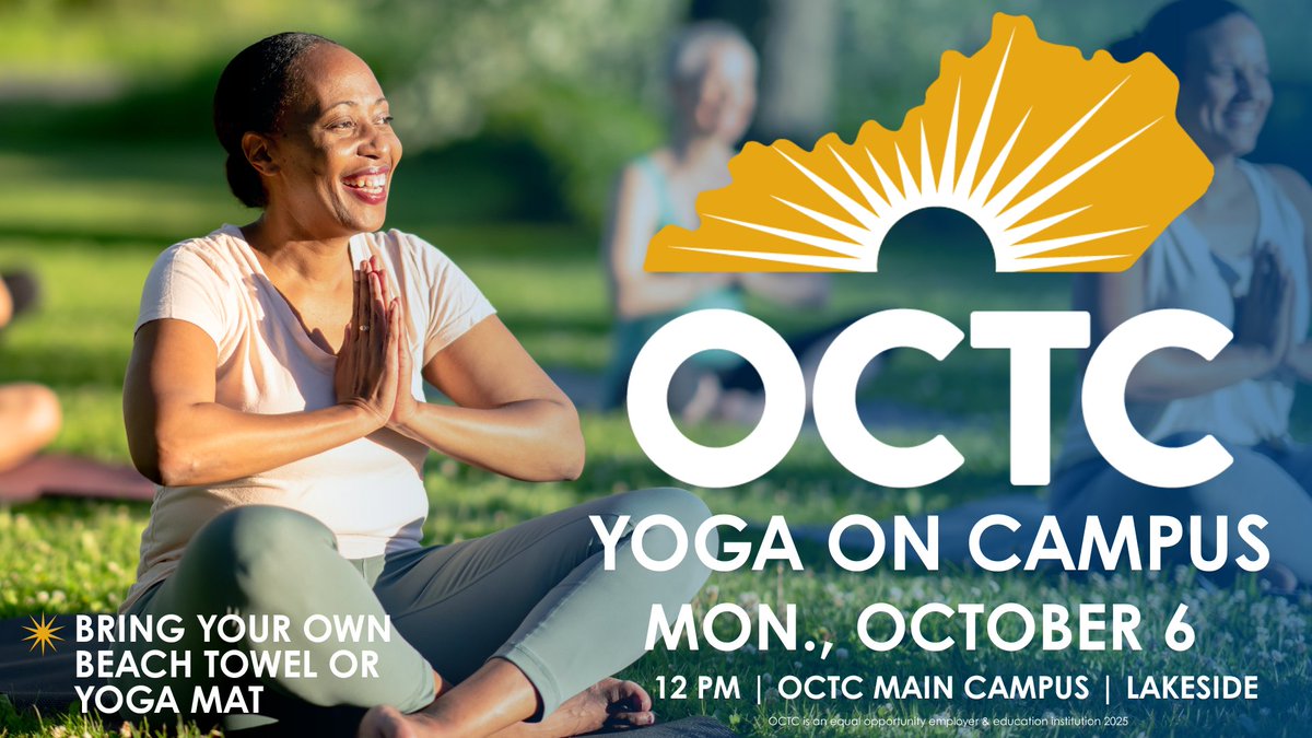 Take a break and join us for Yoga on Campus! Monday, October 6 at 12 PM on the OCTC Main Campus, Lakeside.

Bring your own beach towel or yoga mat and enjoy a relaxing session!