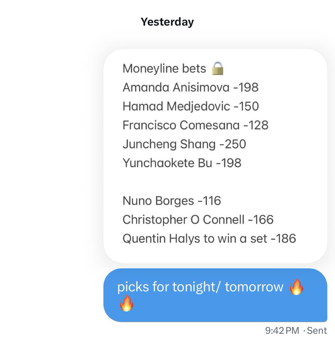 🚨🚨SWEEP Alert 🧹🧹🧹
7-0 on today's tennis picks 🔥🔥
Amanda Anisimova -198✅
Francisco Comesana -128✅
Juncheng Shang -250✅
Yunchaokete Bu -198✅
Nuno Borges -116 ✅
Christopher O Connell -166✅
Quentin Halys to win a set -186✅
#GamblingX #SportsBettingX #TennisPicks