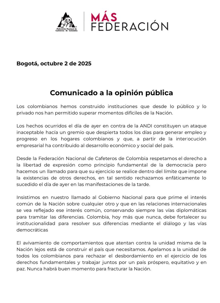 #Comunicado l Los colombianos hemos construido instituciones que desde lo público y lo privado nos han permitido superar momentos difíciles de la Nación.

Los hechos ocurridos el día de ayer en contra de la <a href="/ANDI_Colombia/">ANDI</a> constituyen un ataque inaceptable hacía un gremio que