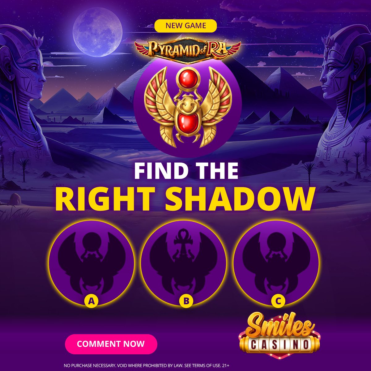 Smiles Challenge: Shadow Showdown! ⚡

But only one of these shadows is the real match... can you spot it? 🔍
Drop your answer in the comments: A, B, or C? 👇

Step into the Pyramid of Ra and uncover treasures waiting inside!

#SmilesChallenge #SmilesCasino