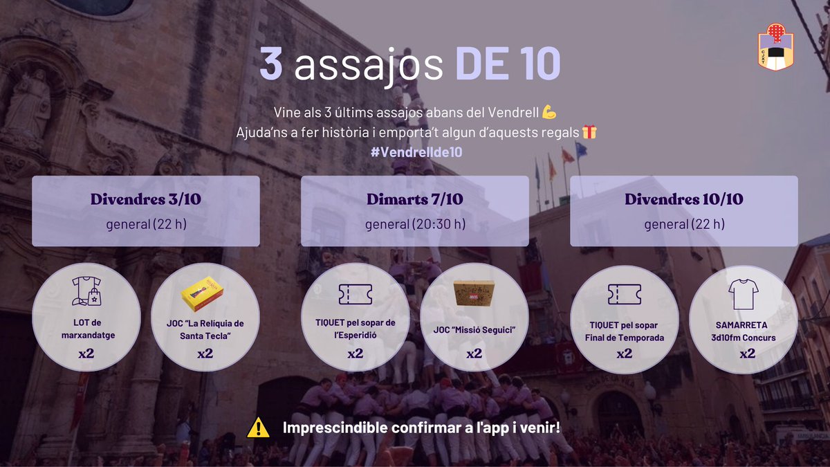 JoveDeTarragona's tweet image. 🟣 El camí per revalidar el #VendrellDe10 ja ha començat. I ens queden 3 assajos que han de ser 'de 10'.

🗣️ Sortejos cada dia. Omplim el local com en les grans ocasions!

#TotElQueCompartim #castells