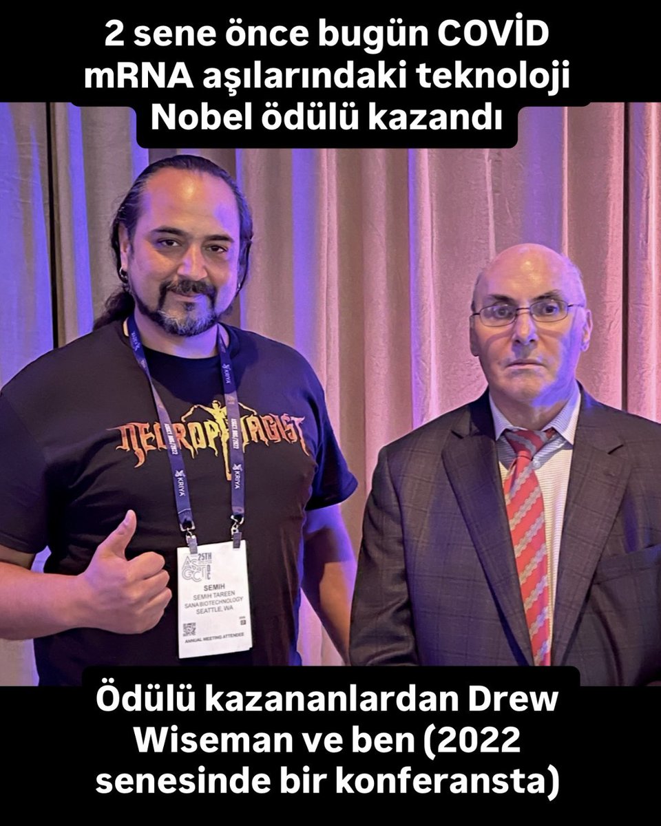 Nobel ödülleri haftaya açıklanıyor. 
Tam 2 sene önce bugün COVID mRNA aşılarını sağlayan teknoloji Nobel Tıp ve Fizyoloji ödülünü kazandı. 
👉Kazananlardan Drew Wiseman ile 2022 senesinde bir konferansta tanışma fırsatım oldu. 
👉Katalin Karikó ile beraber Keşifleri 2005