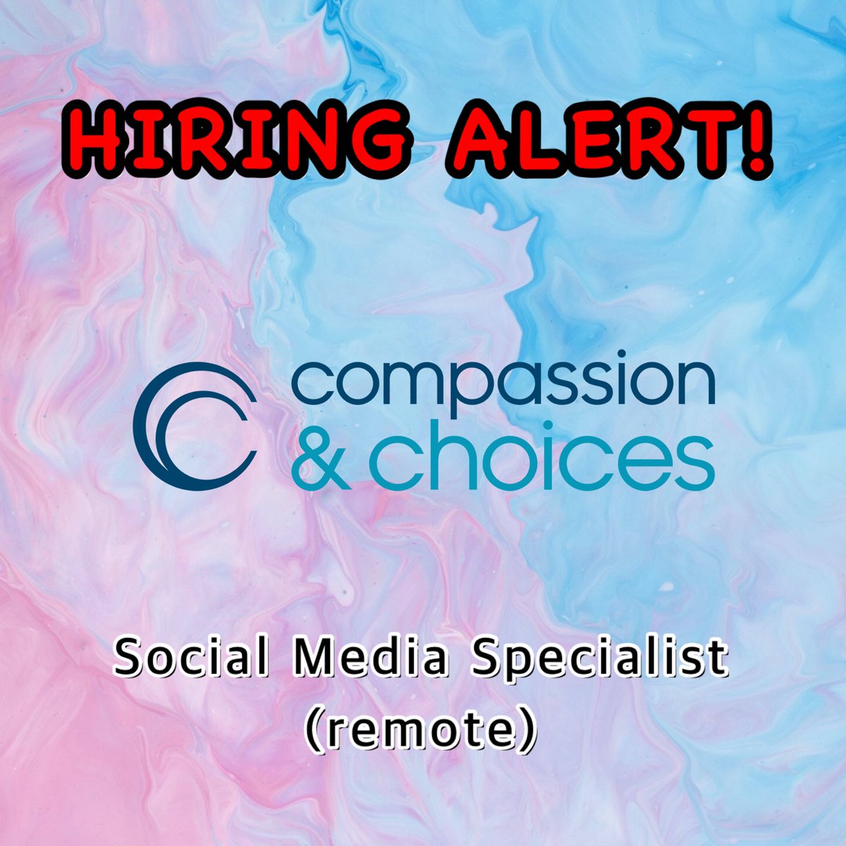 TransCanWork's tweet image. HIRING ALERT: Compassion &amp;amp; Choices is hiring for a REMOTE Social Media Specialist. Please visit #TransCanWork’s job board @ JobBoard.TransCanWork.org to locate the job posting &amp;amp; apply. Salary: $65,000 - $85,000