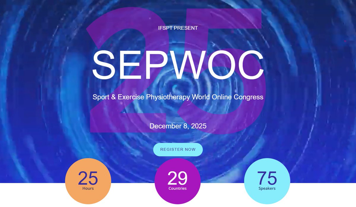 TassignonBruno's tweet image. 📢 Registrations are open!

🌍 The Sports &amp;amp; Exercise Physiotherapy World Online Congress (SEPWOC) by IFSPT on December 8, 2025!

Register at: ifspt.org/sepwoc

Don’t miss your chance to be part of this worldwide event!
@IntFSPT  @BFSP_sportkine  #SEPWOC2025