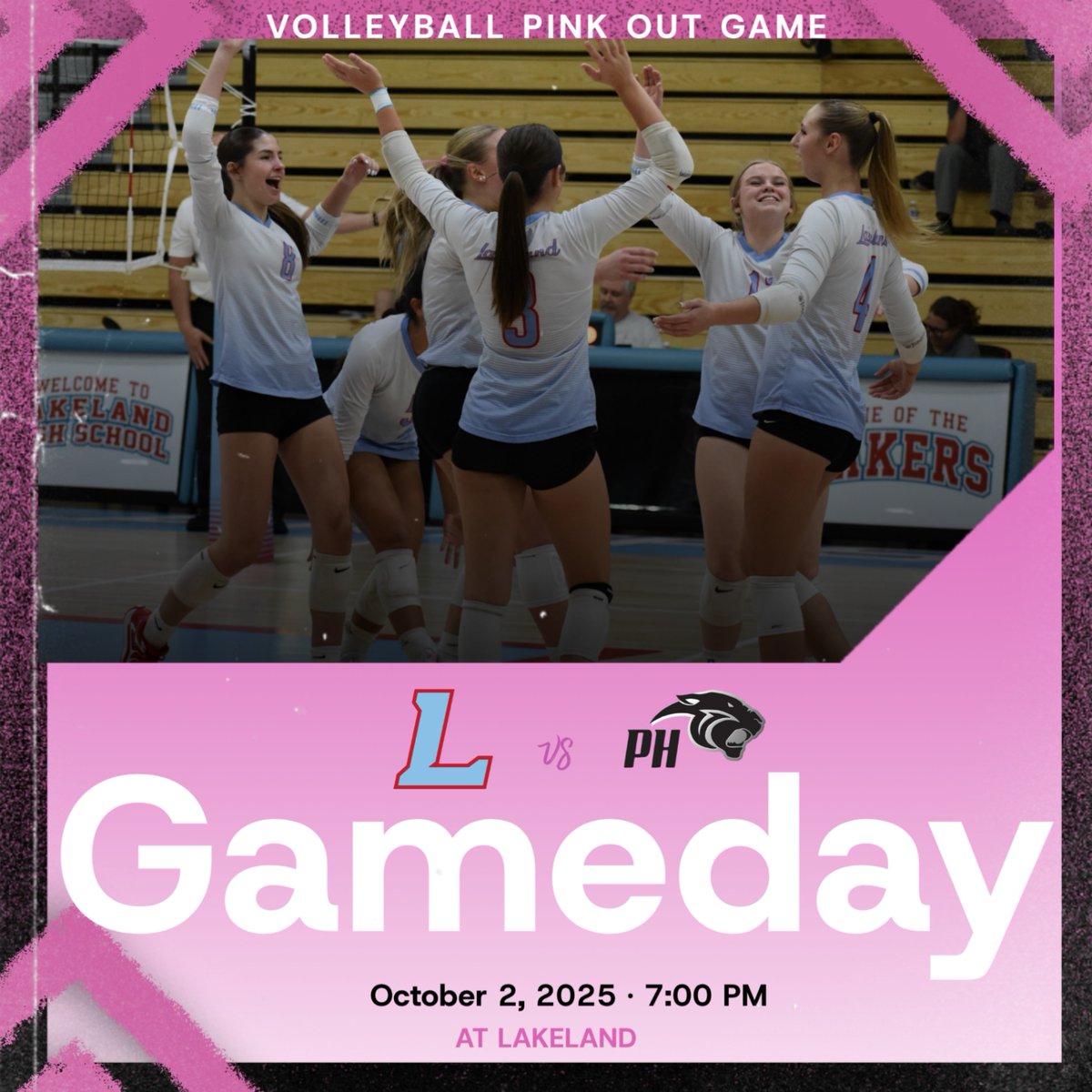 Tonight's HOME Volleyball game against Prairie Heights is a PINK OUT! We are raising funds for Katy McGrath, who is a 3-year-old battling A cute Lymphoblastic Leukemia. She has several family members who are employed at Lakeland. All proceeds will go to the family 💕