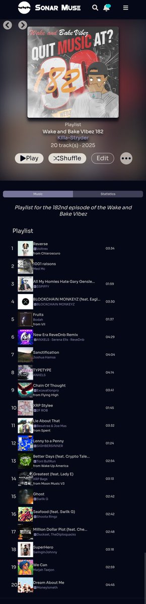 This week's playlist consists of songs by 

<a href="/DJVoltrexSA/">It's A Trap</a>
<a href="/blockchainmkyz/">BLOCKCHAIN MONKEYZ</a> 
<a href="/Excavationpro/">👷‍♂️🎶Excavationpro🧡🚧 ∫(Truth × Light)df</a>
<a href="/anXelsNFT/">ANXELS | #Believe</a> <a href="/k1ll3r_k/">Kill3r-K</a>
<a href="/Serenaelis_/">Serenaelis</a>
<a href="/stevespiffler/">SPIFFY</a>
<a href="/JoshuaHamsa/">Hamsa</a>
<a href="/XRPBags/">XRP Bags💰👨🏽‍🚀 BagMan</a>
<a href="/b_mojaat/">boch</a>
<a href="/BranchedOff/">BranchedOff</a>
<a href="/SwilkG/">Swilk G</a>
<a href="/MaijahTaejon/">Maijah Taejon 🧚🏾‍♀️👑</a> (<a href="/Joseph96946900/">Protector Joseph</a>)
<a href="/ShootaRingz/">Shoota Ringz</a>
<a href="/2facebor/">2facerob</a>
<a href="/CheckBanchero/">CHECK🎸31</a> <a href="/TheDiploquacks/">DucksetDiploquacks</a>