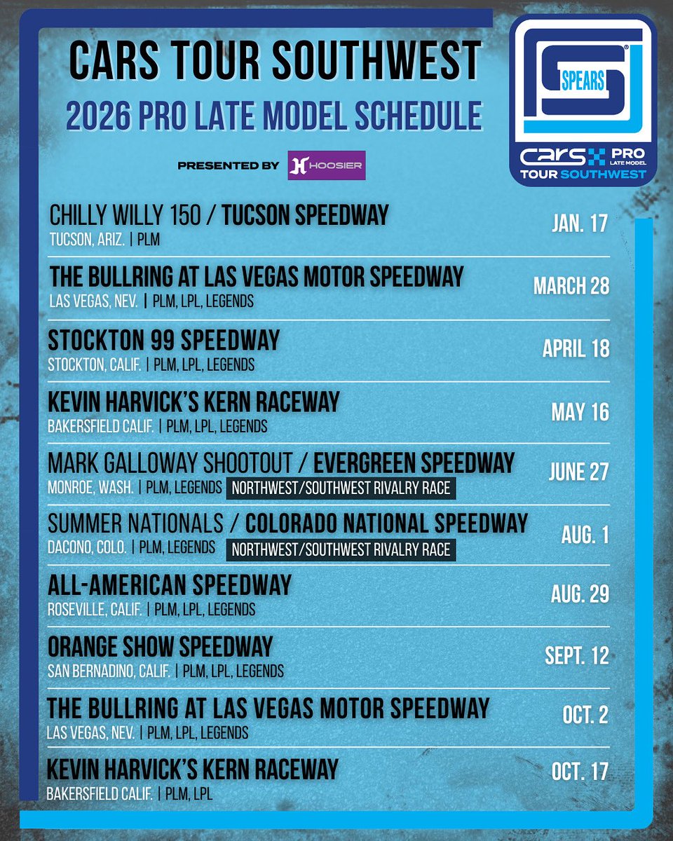 FOR IMMEDIATE RELEASE

Spears CARS Tour West Sparks New Era with 10-Event Southwest Pro Late Model Division—Southwest and Northwest PLM Divisions Clash in Two Rivalry Races 

Read full release at CARSTourWest.com