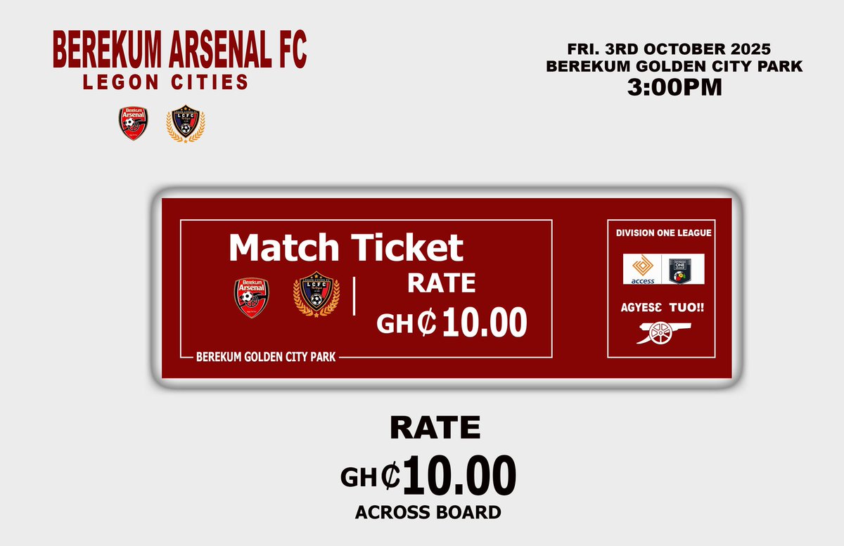 BerekumArsenal's tweet photo. 🚨 Attention Berekum Arsenal Fans! 🚨
Get ready for an exciting match day as we take on Legon Cities tomorrow! ⚽
Let’s fill the stands and create an electric atmosphere! 🤍❤️
See you there!
#BAFC
#AgyeSeTuo
#WeAreTheGunners
#DOLwk2 https://t.co/Hn4ew7nRBU