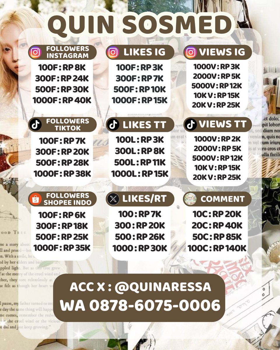 Jual followers likes views tiktok tik tok tt ig shopee instagram indonesia indo like view foll follower jasa buzzer comment beli komen murah upfolls tt wts wtb uplike tambah folls cepat viewers yt rt retweet x cepat🕊️ 0388
✧ acc utama: quinaressa
✧ fastresp wa: 087860750006