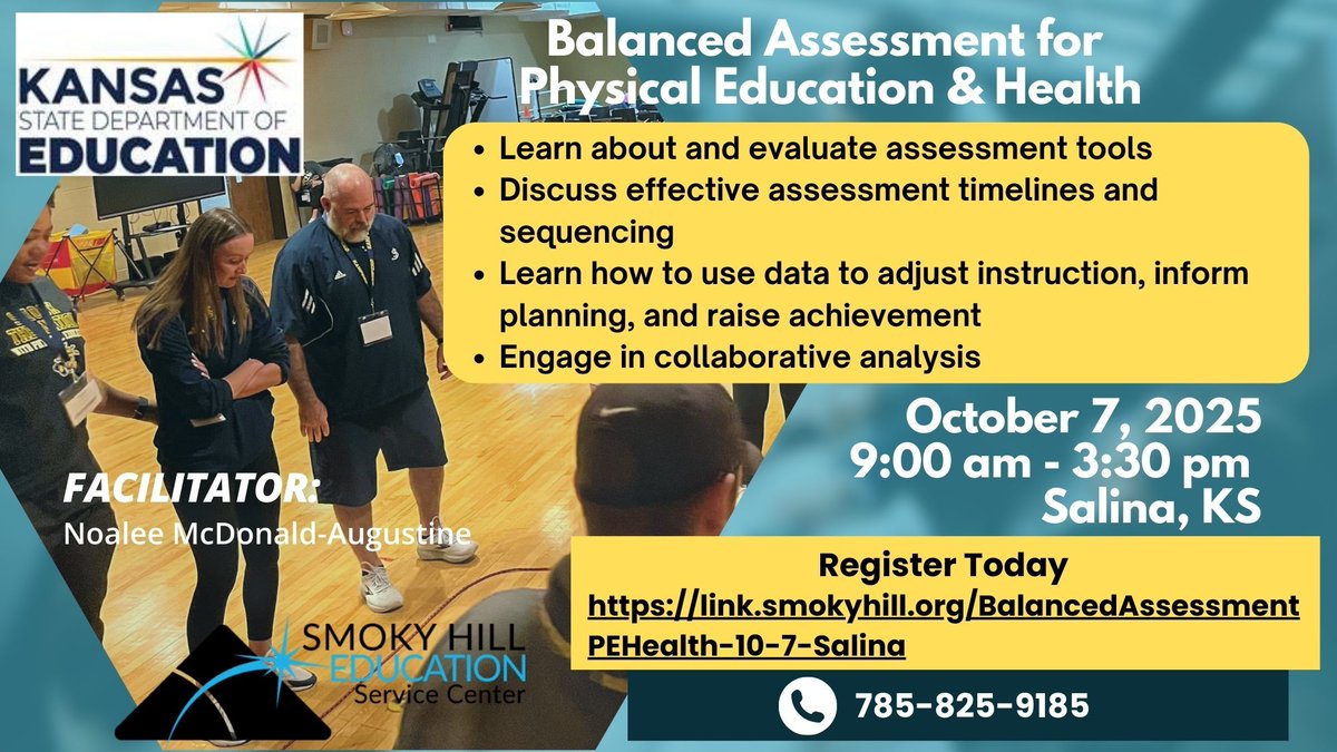 Still time to sign-up. Join me for Balanced Assessment for PE &amp; Health. This interactive session is designed to empower educators with tools and resources to integrate assessment into their program and curriculum. Register - link.smokyhill.org/BalancedAssess…….
<a href="/SmokyHillEDU/">Smoky Hill Education Service Center</a> #SHESCsecd