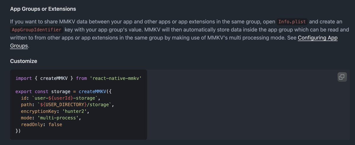gautham_vijay_'s tweet image. Found a proper way to port data points made in app-clip over to main app with help of the V4 version of react-native-mmkv.
We can implement it with help of app-groups in iOS.
Thanks for the detailed guide/docs - @mrousavy