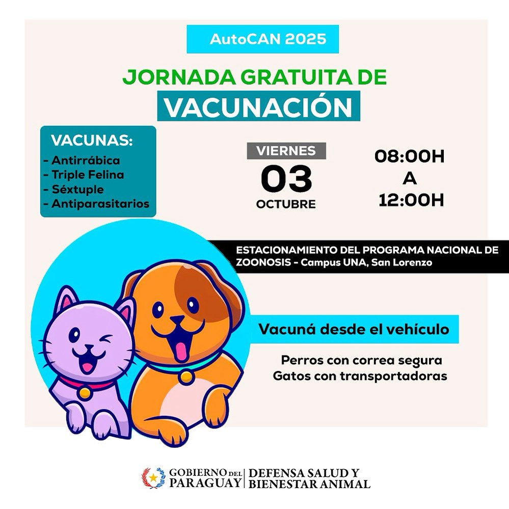 defensanimalpy's tweet image. Este viernes 3 de octubre, de 08:00 a 12:00 horas, en el Estacionamiento del Programa Nacional de Zoonosis – Campus UNA, San Lorenzo, estaremos aplicando gratuitamente:
✅ Antirrábica
✅ Triple Felina
✅ Séxtuple
✅ Antiparasitarios
#GobiernoDelParaguay