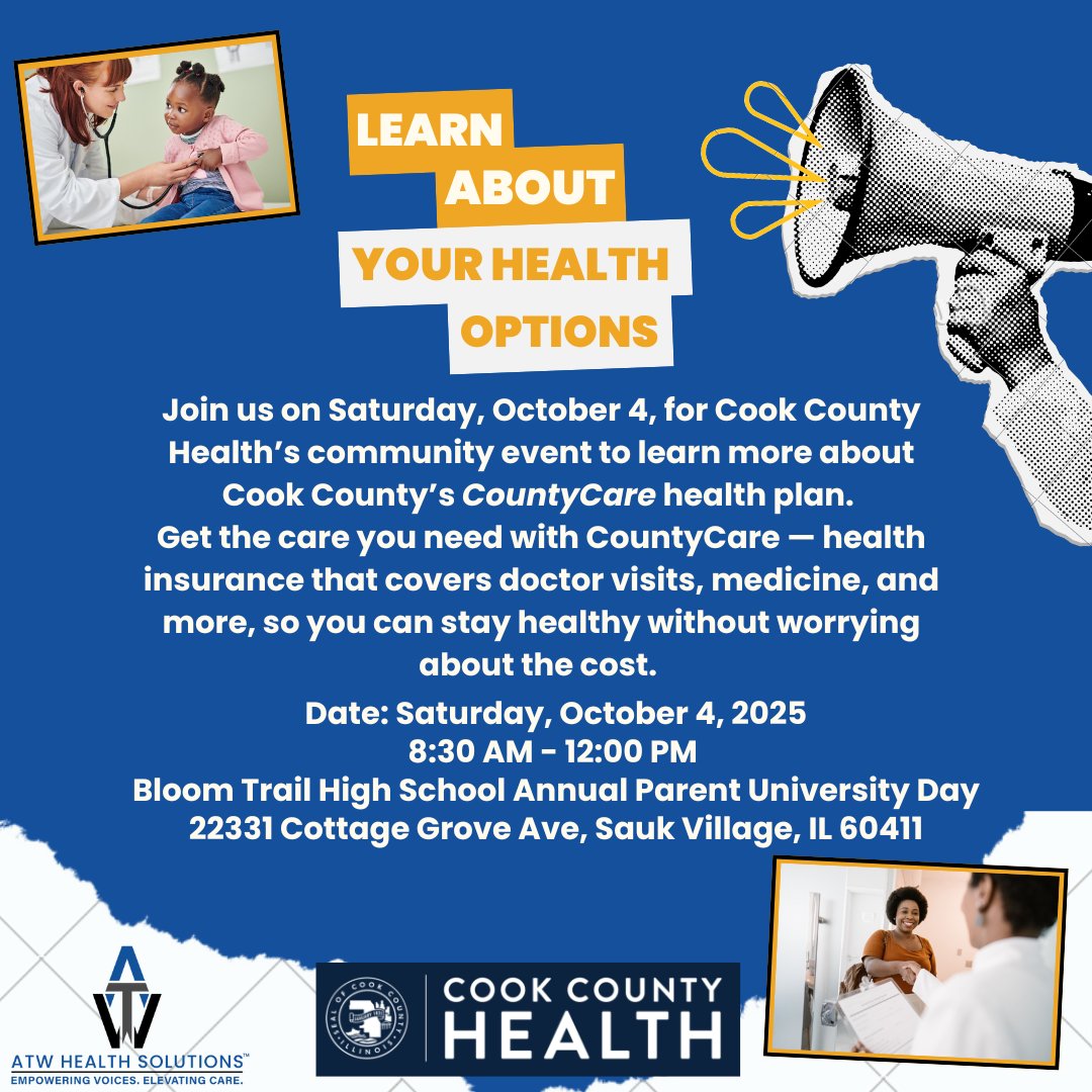 📣 Join us Oct 4 at Bloom Trail HS for Cook County Health’s Parent University Day! Learn how CountyCare covers doctor visits, medicine &amp; more—so you can stay healthy without the cost. 8:30AM–12PM | Sauk Village, IL #CountyCare #CookCountyHealth #StayHealthy