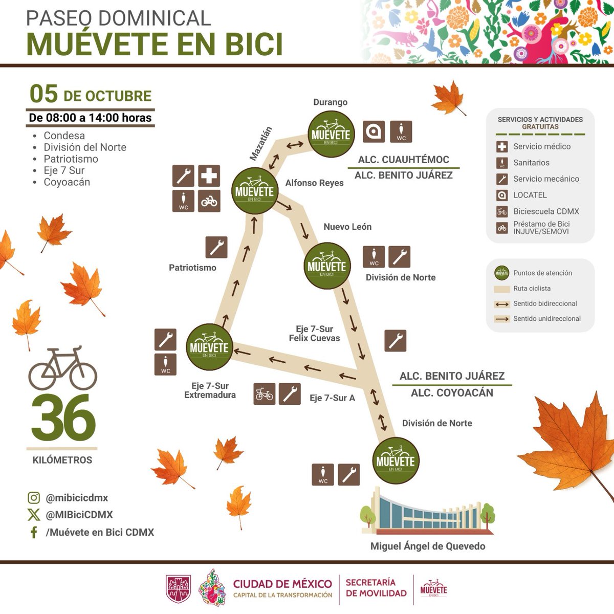 ¿Listos y listas para rodar? 🚴‍♀️🍂
Este 5 de octubre, vive los 36 km del #PaseoDominical.
🕗 08:00 a 14:00 h
✅ Ruta segura + servicios gratuitos
¡Tú pones el ritmo! 🛼🚲🛴