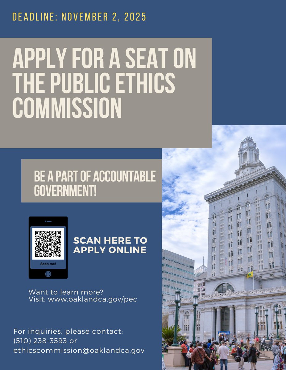 Hey <a href="/CACommonCause/">California Common Cause</a> <a href="/LWV_Oakland/">LWVOakland</a> <a href="/BWOPATILE/">BWOPA - Black Women Organized for Political Action</a> <a href="/OaklandChamber/">Oakland Chamber</a> <a href="/SPUR_Urbanist/">SPUR</a> <a href="/OaklandNAACP/">Oakland NAACP</a> <a href="/TheUnityCouncil/">The Unity Council</a> ! <a href="/OaklandEthics/">Oakland Ethics Com</a> is now accepting applications to fill two upcoming vacancies! Help us spread the word!  

Learn more here: tinyurl.com/p4rfpeah