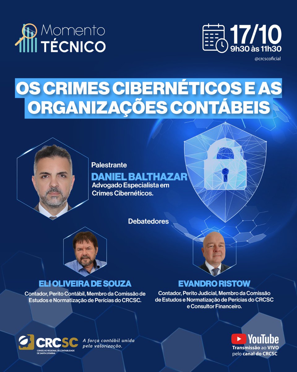 CRCSCOFICIAL's tweet image. Duas áreas sensíveis no meio corporativo, a segurança da informação e a contabilidade serão discutidas no dia 17/10, no Momento Técnico, promovido pelo CRCSC.
O título do evento é &quot;Os Crimes Cibernéticos e as Organizações Contábeis”.  Inscrições no Link: www1.cfc.org.br/evento?87M