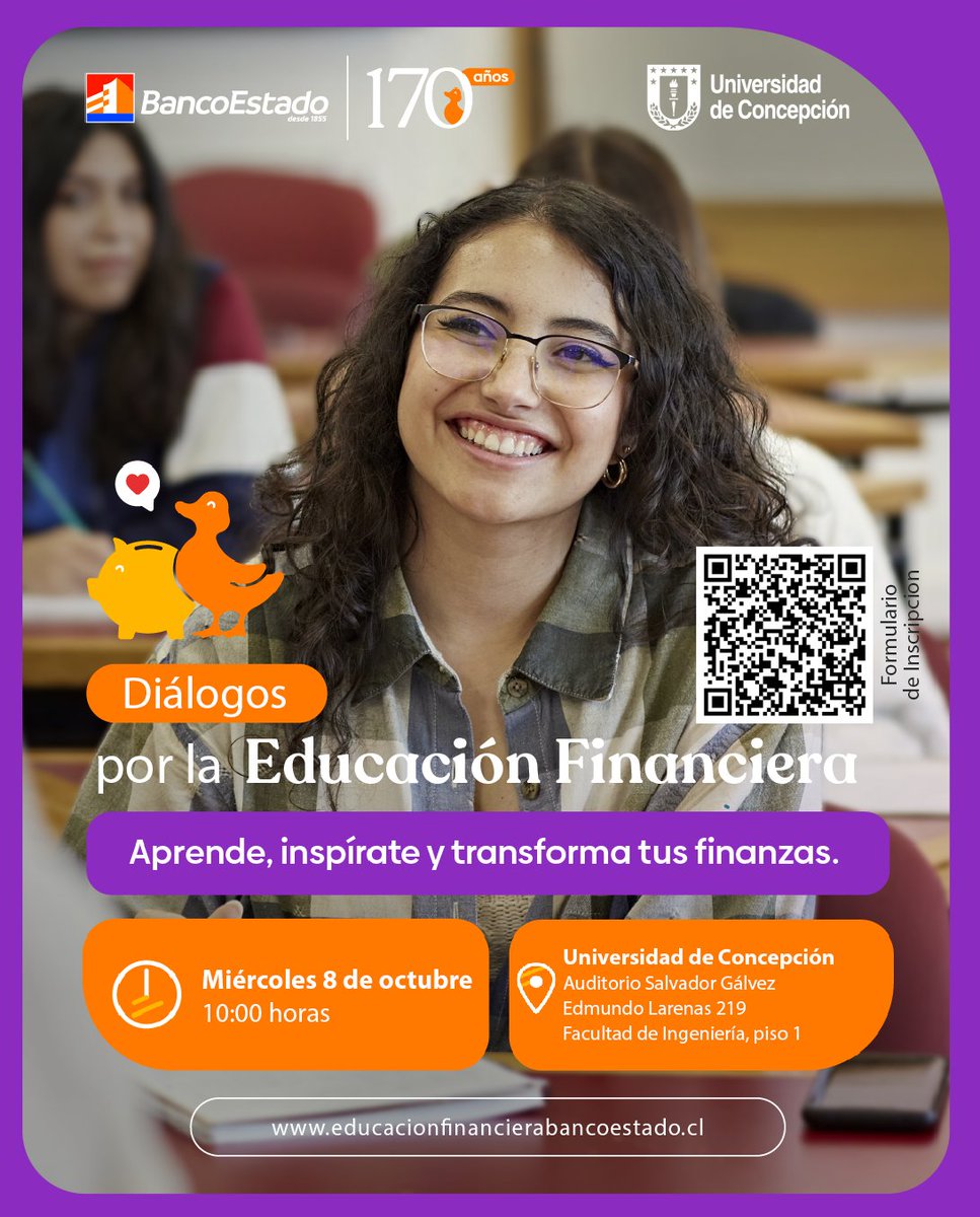 ✨ Te invitamos a participar en los Diálogos por la Educación Financiera, un espacio para aprender, inspirarte y transformar tus finanzas.

📍 Universidad de Concepción
Auditorio Salvador Gálvez, Facultad de Ingeniería 

📅 Miércoles 8 de octubre
🕙 10:00 horas