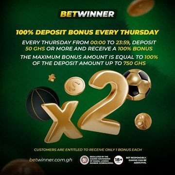 Enjoy 100% deposit bonus every Thursday. 

Make a deposit of 50gh or more and get up to 750gh

betwinner.com.gh/en/bonus/rules

#betwinnerghana