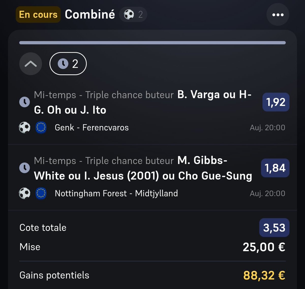 BetClem_'s tweet image. BETS BUTEURS #UEL 🇪🇺🏆 02/10 🗓️

TC FUN MI-TEMPS 🔥
@3.53
25€ ➡️ 88.32€
winamax.link/JYlDM

SUPER FUN MI-TEMPS 💥 
@9.37
15€ ➡️ 131.83€
winamax.link/biZOd

ULTRA FUN 🚀
@15.47
15€ ➡️ 233.12€
winamax.link/zveIp
Début 21h00 🕘
💚 Si tu soutiens 
#TeamParieur