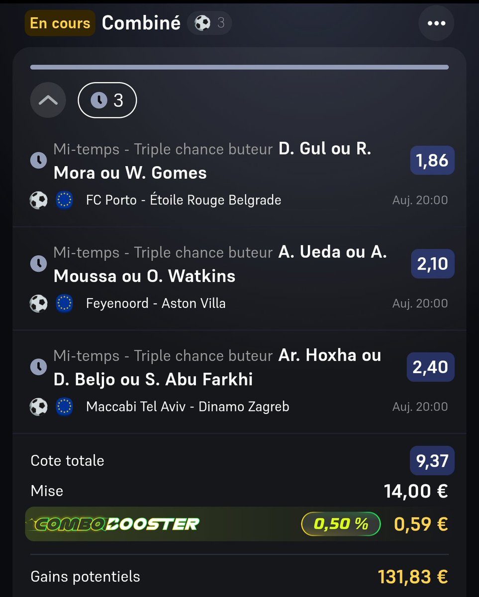BetClem_'s tweet image. BETS BUTEURS #UEL 🇪🇺🏆 02/10 🗓️

TC FUN MI-TEMPS 🔥
@3.53
25€ ➡️ 88.32€
winamax.link/JYlDM

SUPER FUN MI-TEMPS 💥 
@9.37
15€ ➡️ 131.83€
winamax.link/biZOd

ULTRA FUN 🚀
@15.47
15€ ➡️ 233.12€
winamax.link/zveIp
Début 21h00 🕘
💚 Si tu soutiens 
#TeamParieur