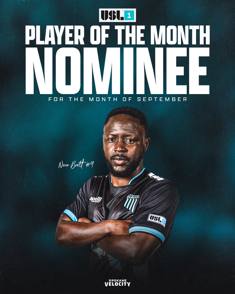 SpokaneVelocity's tweet image. A stellar September performance from Neco Brett 👏 

Congratulations to NECO BRETT on being nominated for September Player of the Month! Go vote for Neco at the link in our bio! 🗳️

#SpokaneVelocityFC #LeagueOne #LetsGoSpo #UpTheFalls #WelcomeToTheEdge #UnfinishedBusiness