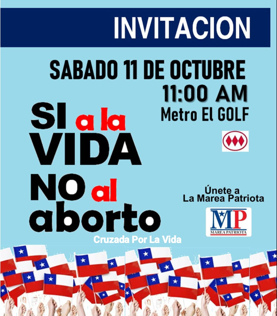 LaMareaPatriota's tweet image. TE INVITAMOS A DEFENDER LA VIDA, NO AL ABORTO, SI A LA VIDA‼️

🛡️🇨🇱 BANDERAZO POR CHILE, CRUZADA EN DEFENSA DE LA VIDA !!!

▪️🗓️ SABADO 11 DE OCTUBRE 
▪️🕚 11:00 Am  13:00 Pm 
▪️♦️METRO EL GOLF 

SÚMATE A #LAMAREAPATRIOTA !!!
Trae tu bandera 🇨🇱 y tú pañuelo #Provida  

🛡️🇨🇱🛡️🇨🇱🛡️
