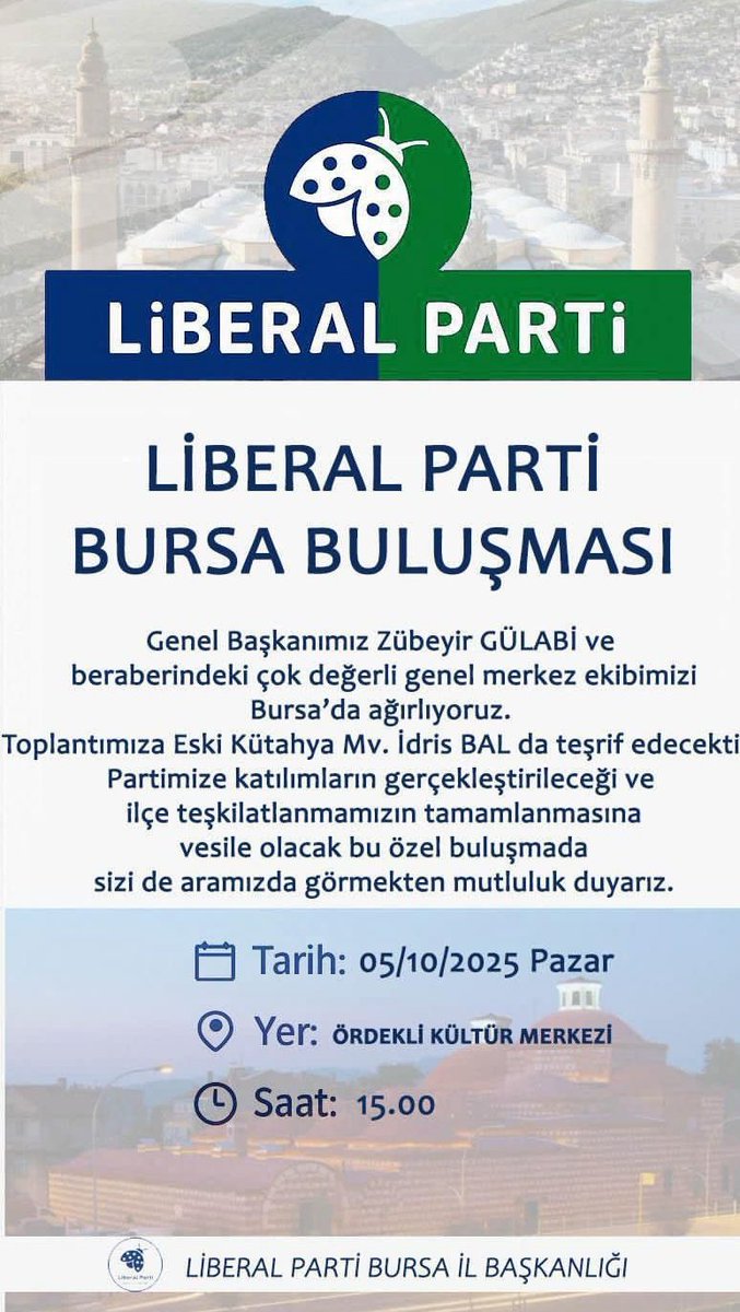 Bursa’da Liberal Parti yükseliyor!
Genel Başkanımız Zübeyir GÜLABİ ve değerli ekibimizle birlikte milletin sesi olmak için sahadayız.

Bu buluşma yalnızca bir toplantı değil;
🔹 Özgürlüğün,
🔹 Hukukun,
🔹 Adaletin ve
🔹 Eşitliğin sesi olacak büyük bir adım!

Liberal Parti,