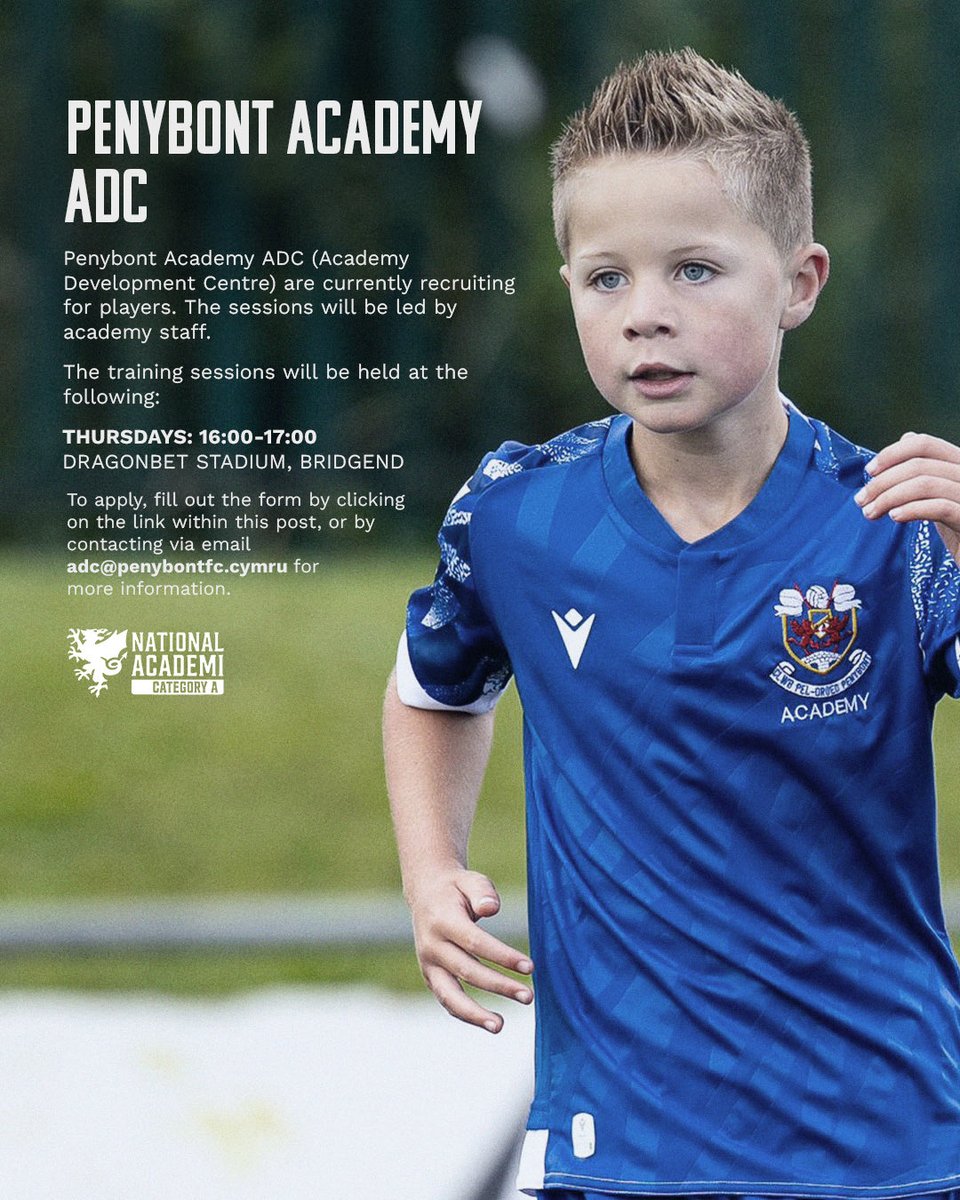 Penybontacademy's tweet photo. We are recruiting for players for the following teams. 

To apply, please fill out the form by clicking the link below. For more information, please email adc@penybontfc.cymru

To apply: https://t.co/PT8bx7ckyD https://t.co/MBhE6ree0A