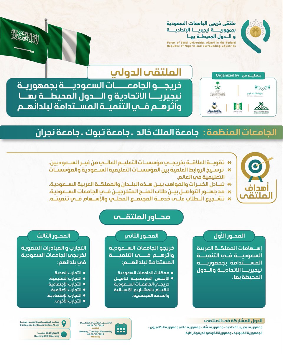 في إطار حرص #الجامعات_السعودية على تعزيز التواصل المستمر مع خريجيها غير السعوديين، تنظم مؤسسات #التعليم_العالي ممثلة في #جامعة_الملك_خالد بالتعاون مع #جامعة_تبوك و #جامعة_نجران.
"ملتقى خريجي الجامعات السعودية بجمهورية نيجيريا الاتحادية والدول المحيطة بها "
خلال الفترة من 14-16