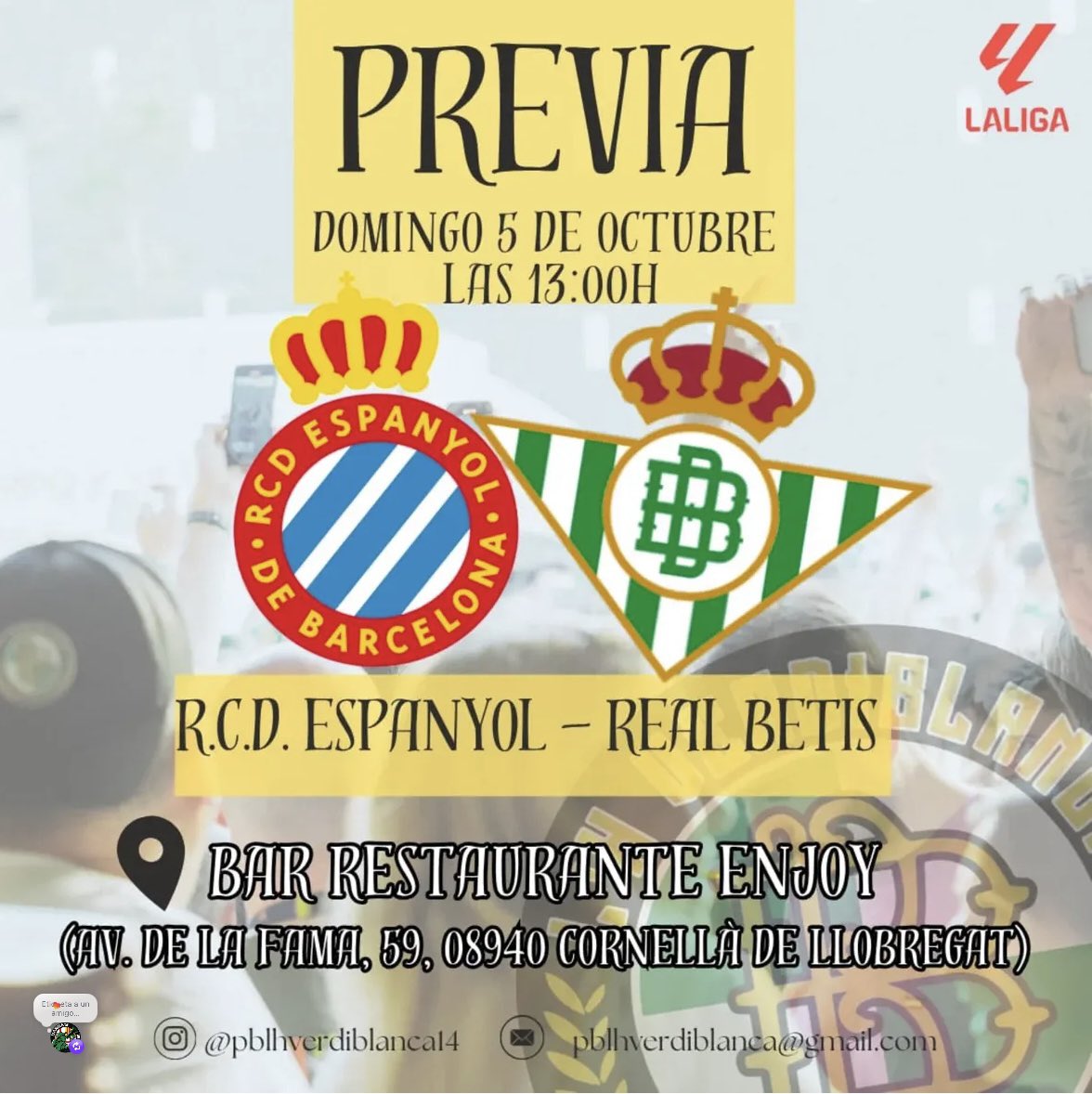 La Peña bética La Verdiblanca de l’Hospitalet convoca la previa del domingo contra el Español.
Allí nos vemos💪