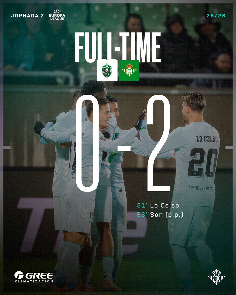 94' ⏱⚽️ ¡¡Final del partido con triunfo!! ¡¡Los tres puntos se vienen para casa!!

🟢🟢 #LudogoretsRealBetis 0-2 💚🤍

#DíaDeBetis #EuroBetis