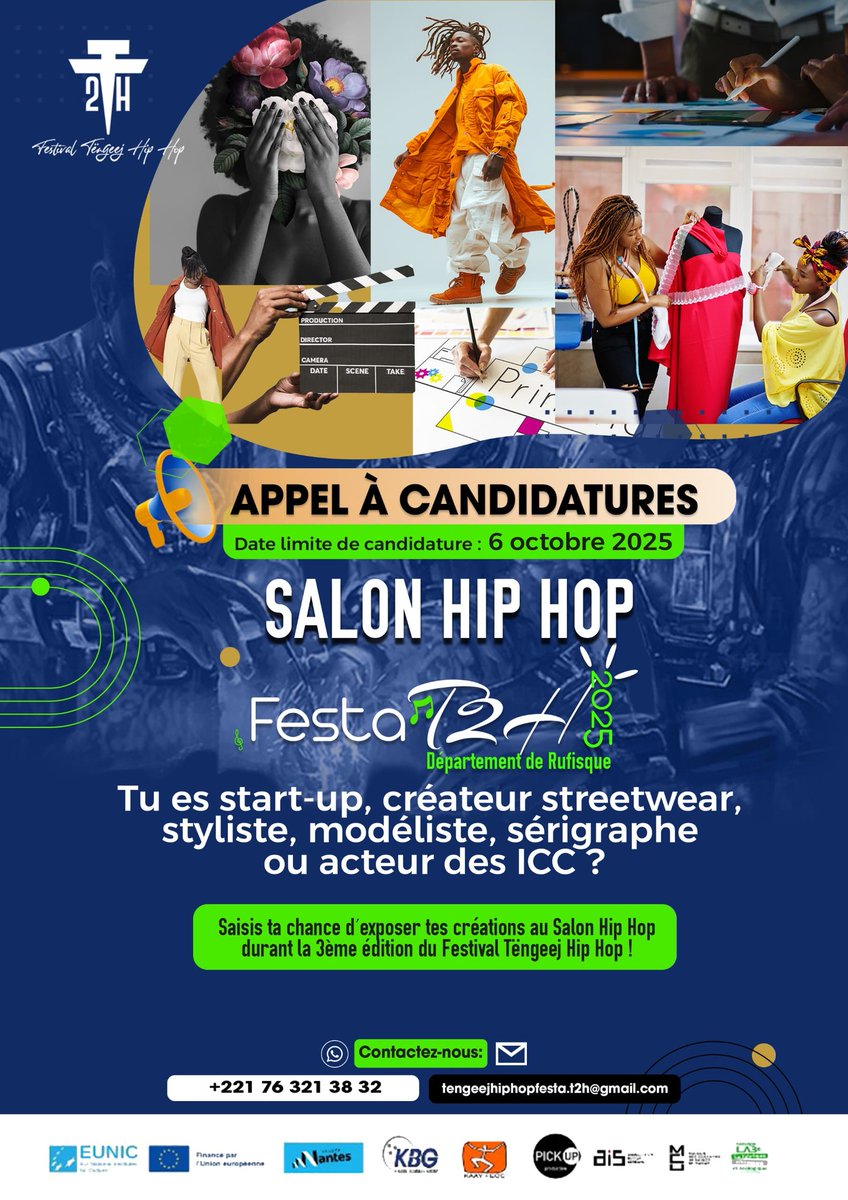 📢 APPEL À CANDIDATURES – SALON HIP HOP/ICC
👉 Participe au Salon Hip Hop/ICC durant la 3ᵉ édition du Festival Tëngeej Hip Hop 

✅ Inscris-toi : docs.google.com/forms/d/e/1FAI…

INFO: tengeejhiphopfesta.t2h@gmail.com
Tél : 76 321 38 32

#rapgalsen #departementderufisque #ICC #t2hfesta
