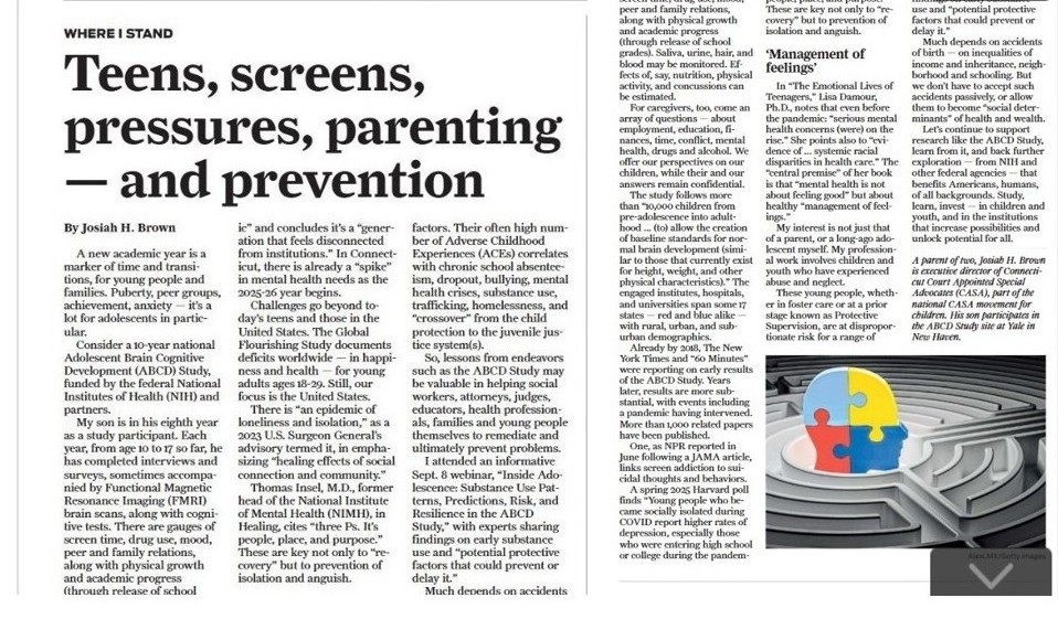 Thanks <a href="/hearstcmg/">Hearst CT Media Group</a> for publishing this on <a href="/theabcdstudy/">The ABCD Study®</a>, adolescents &amp; prevention.
ctinsider.com/opinion/articl…
References to <a href="/LDamour/">Lisa Damour, PhD</a> <a href="/vivek_murthy/">Vivek Murthy</a>, <a href="/thomasinselmd/">Thomas Insel, MD</a> &amp; the #CT #CASA movement.
cc: <a href="/johnbreunig/">John Breunig</a> 
#Volunteer (or #Donate) to #ChangeAChildsStory, here:
connecticutcasa.org/how-you-can-he…