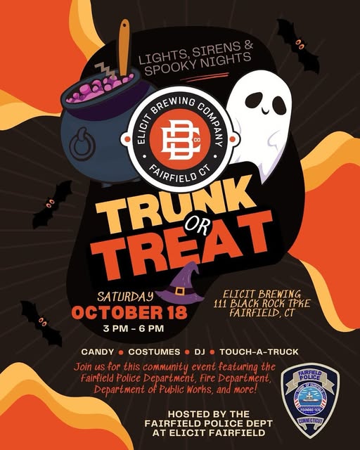 We’re excited to be part of Fairfield’s Trunk or Treat! Join us on Saturday, Oct. 18 from 3–6 PM at Elicit Brewing for candy, music, costumes, and family fun. Hosted by the Fairfield Police Department &amp; Elicit Brewing