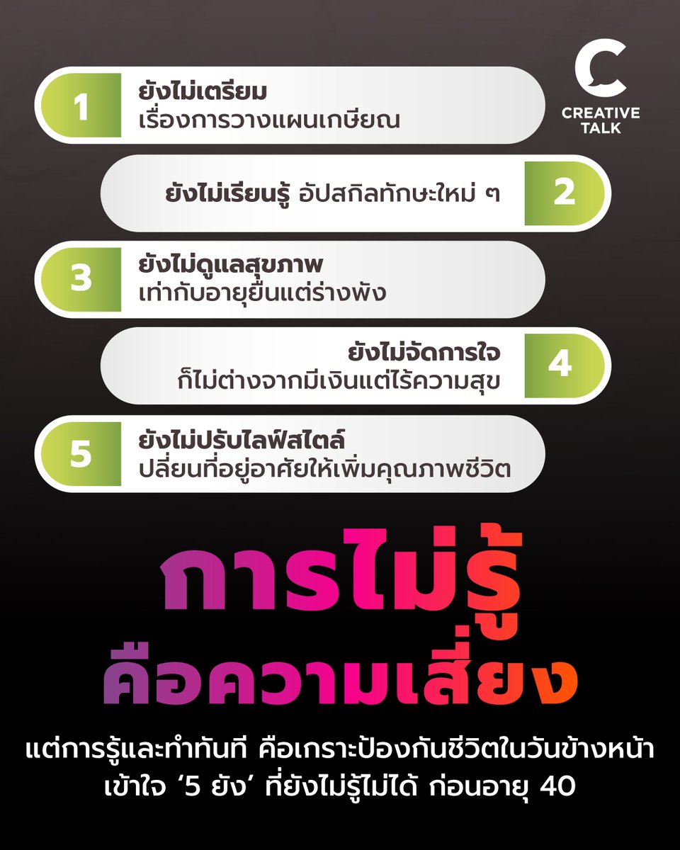 การไม่รู้ คือความเสี่ยง แต่การรู้และทำทันที คือเกราะป้องกันชีวิตในวันข้างหน้า เข้าใจ ‘5 ยัง’ ที่ยังไม่รู้ไม่ได้ ก่อนอายุ 40
creativetalkconference.com/ais-academy-fo…

#CREATIVETALK #LifeFest #AISACADEMYforTHAIs #AISAcademy #readthecloud #TheCloud #Superjeew #AIS