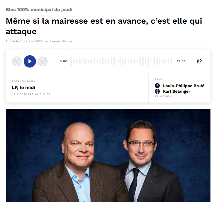 [Chronique 5 - 2 octobre 2025] #Electionsmunicipales2025 #Gatineau : Même si la mairesse est en avance, c’est elle qui attaque  fm1047.ca/audio/727789/p…

Les jeudis, 13h05 à LP le midi - Segment 100% municipal, <a href="/1047_FM/">104,7 Outaouais</a> Outaouais (Cogeco Media) <a href="/KarlBelanger/">Karl Bélanger ✖</a> <a href="/LPBRULE/">LPBRULE</a>