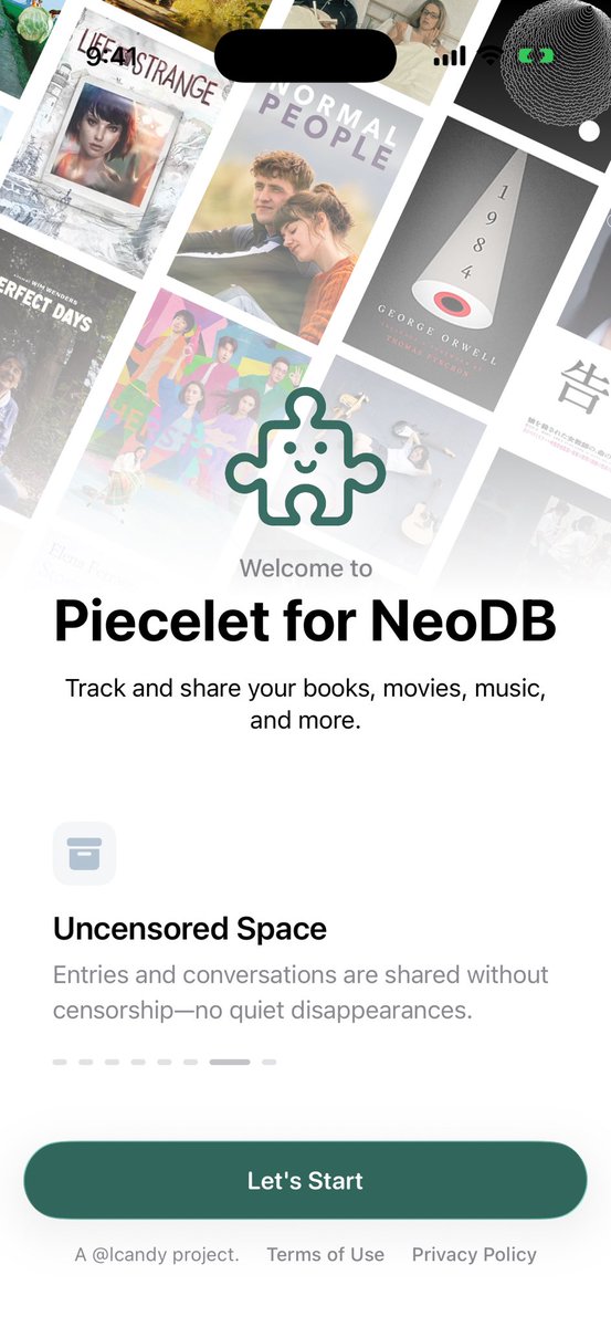 PieceletNeoDB's tweet photo. ✨ A brand-new onboarding welcome page!
Piecelet 2.0 is under renovation with a fresh new design — stay tuned.
#NeoDB #Piecelet #BuildInPublic #shipaton2025 #shipaton #iOS26 #LiquidGlass https://t.co/NZUcdJrK5i