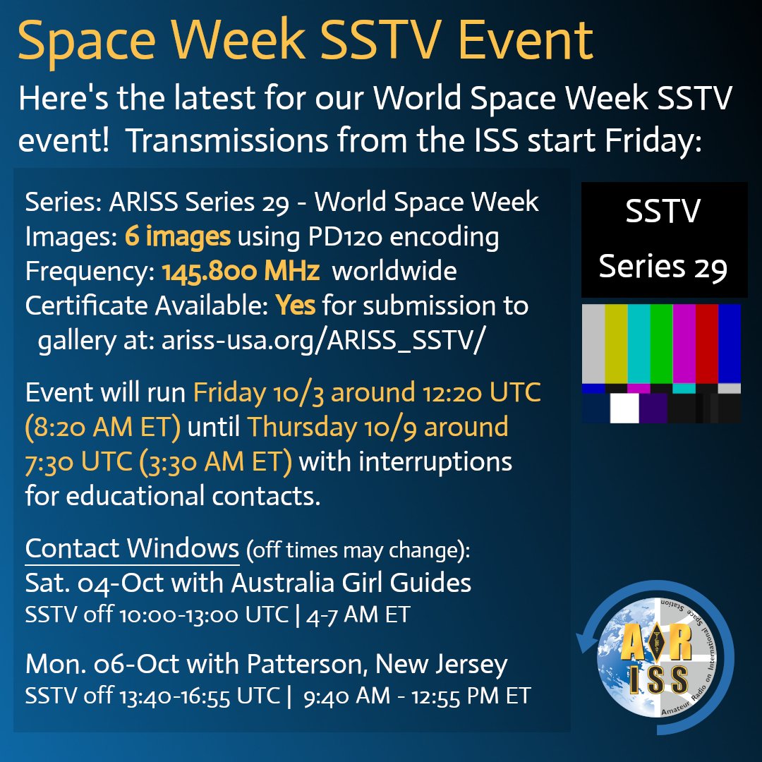 Great news!  The SSTV Series 29 event is being extended!  Instead of ending Monday it will now run until Thursday!

There will be pauses for educational contacts along the way.  See the graphic for times including those planned outages.

It all starts tomorrow!  Good luck!