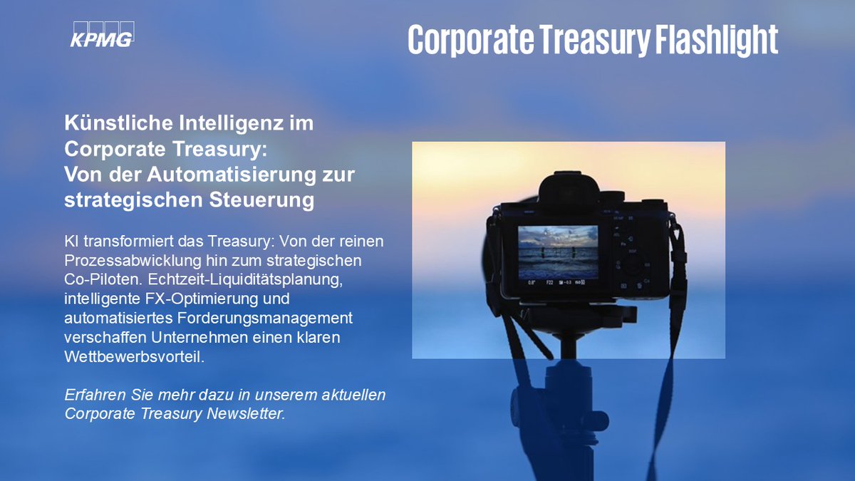 KI transformiert das #Treasury: Von der reinen Prozessabwicklung hin zum strategischen Co-Piloten. Echtzeit-Liquiditätsplanung, intelligente FX-Optimierung und automatisiertes Forderungsmanagement verschaffen Unternehmen einen klaren Wettbewerbsvorteil. kpmggermany.smh.re/03Ob