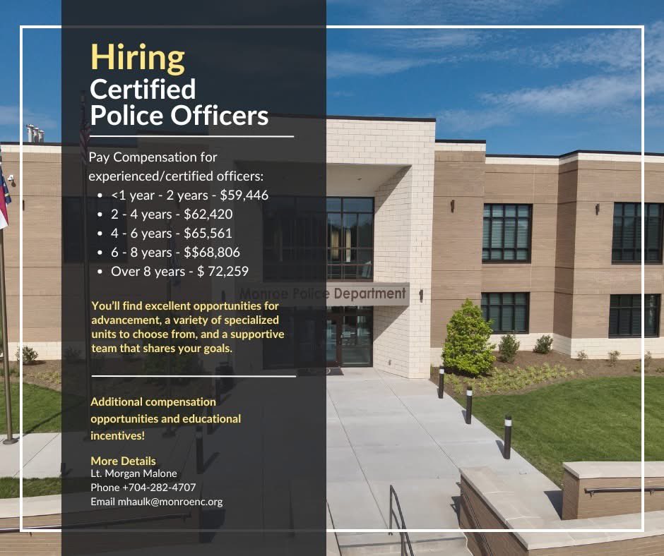 MonroeNCMayor's tweet photo. 🚓 Monroe is hiring! 🚓
In our city, we don’t just respect law enforcement—we stand with them. If you’re an officer looking for a community that values your service and backs the badge, Monroe is the place for you.
#MonroeStrong #SafeCommunities #JoinMPD https://t.co/p0vnfX5TBZ