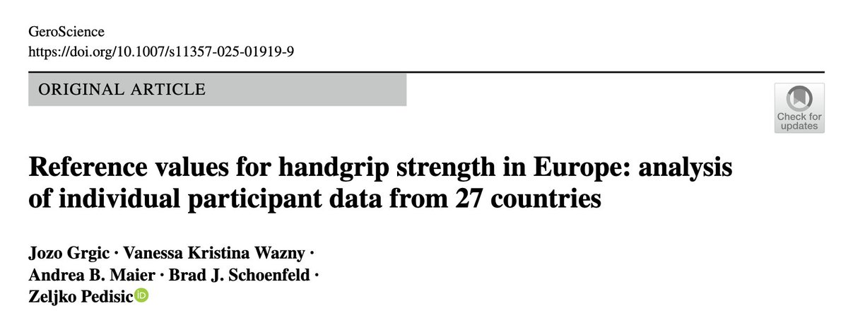 Valores de referencia de fuerza de prensión manual #handgrip en adultos europeos ≥50 años (estudio SHARE)

💪 Hombres &gt; mujeres
🌍 Norte/Oeste &gt; Sur/Centro-Este
🧍‍♂️ De pie &gt; sentado
👉 Útiles para clínica, salud poblacional e investigación.

link.springer.com/article/10.100…