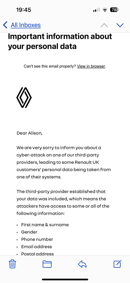 Yet another breach of personal data. This time by a third part assoc with #Renault I only registered for a test drive of the new Renault 5. How can <a href="/GOVUK/">GOV.UK</a> have the temerity to impose #digitalID on us when these big conglomerates can’t keep it safe?