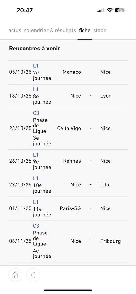 J’ai très peur pour Nice cette saison. Et voici leur programme jusqu’en novembre. Bon chance !