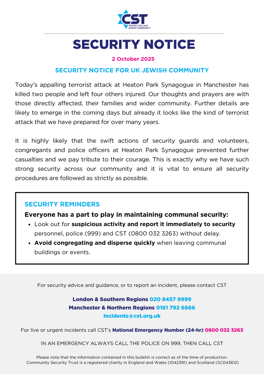 CST_UK's tweet image. 𝐒𝐄𝐂𝐔𝐑𝐈𝐓𝐘 𝐍𝐎𝐓𝐈𝐂𝐄 𝐅𝐎𝐑 𝐓𝐇𝐄 𝐔𝐊 𝐉𝐄𝐖𝐈𝐒𝐇 𝐂𝐎𝐌𝐌𝐔𝐍𝐈𝐓𝐘
Everyone has a part to play in maintaining communal security:
👉Look out for suspicious activity and report it immediately to security personnel, police (999) and CST (0800 032 3263) without delay.…